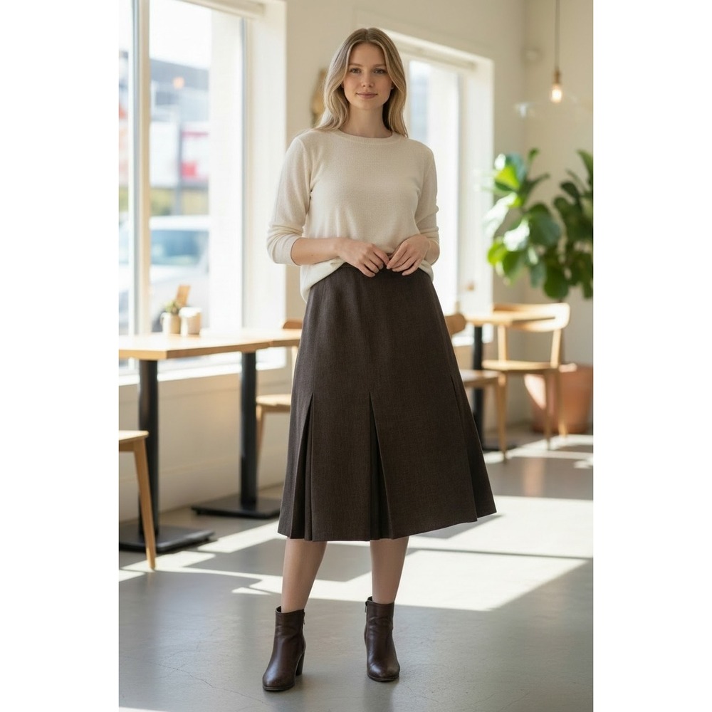 Kasper Brown Pleated Minimalist Luxury Midi Skirt Lined‎ Career Office Size 6